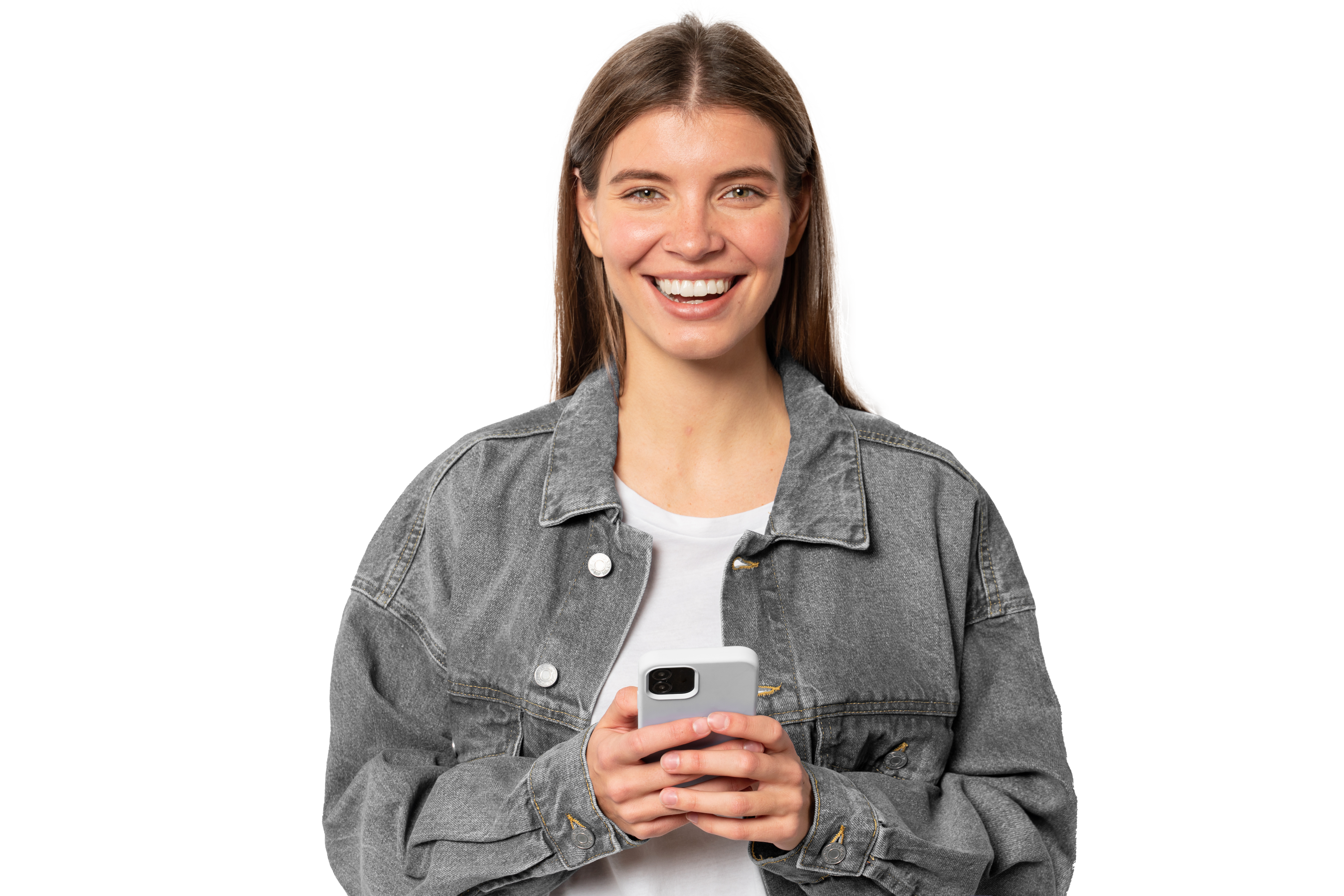 Young women in jean jacket reporting expenses on her phone
